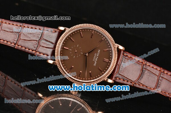 Patek Philippe Calatrava Miyota Quartz Rose Gold Case with Stick Markers and Brown Dial - Click Image to Close